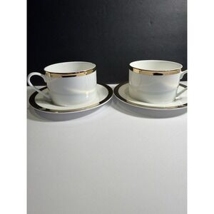Fitz & Floyd Nevaeh White Cup and Saucer Set Gold Band Bone China Pair